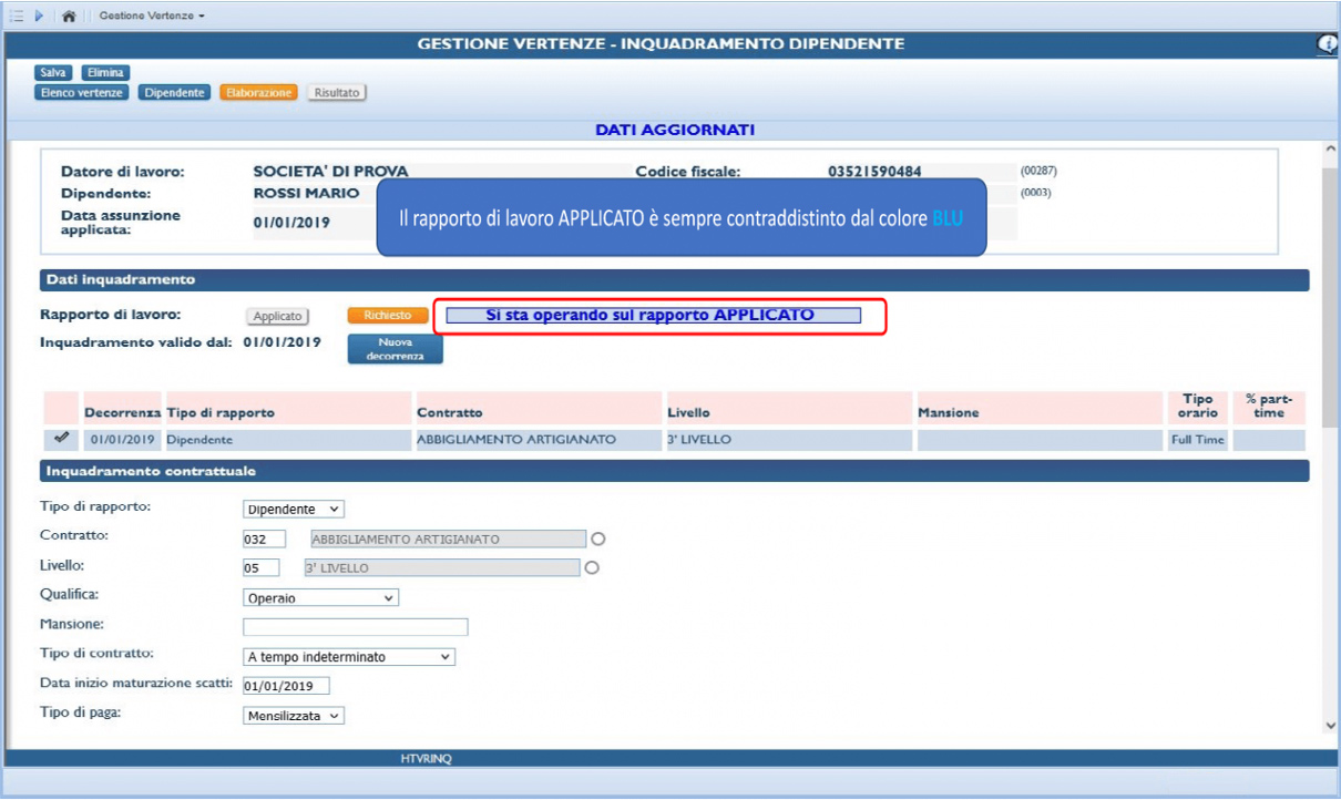 schermata gestione vertenze inquadramento dipendente