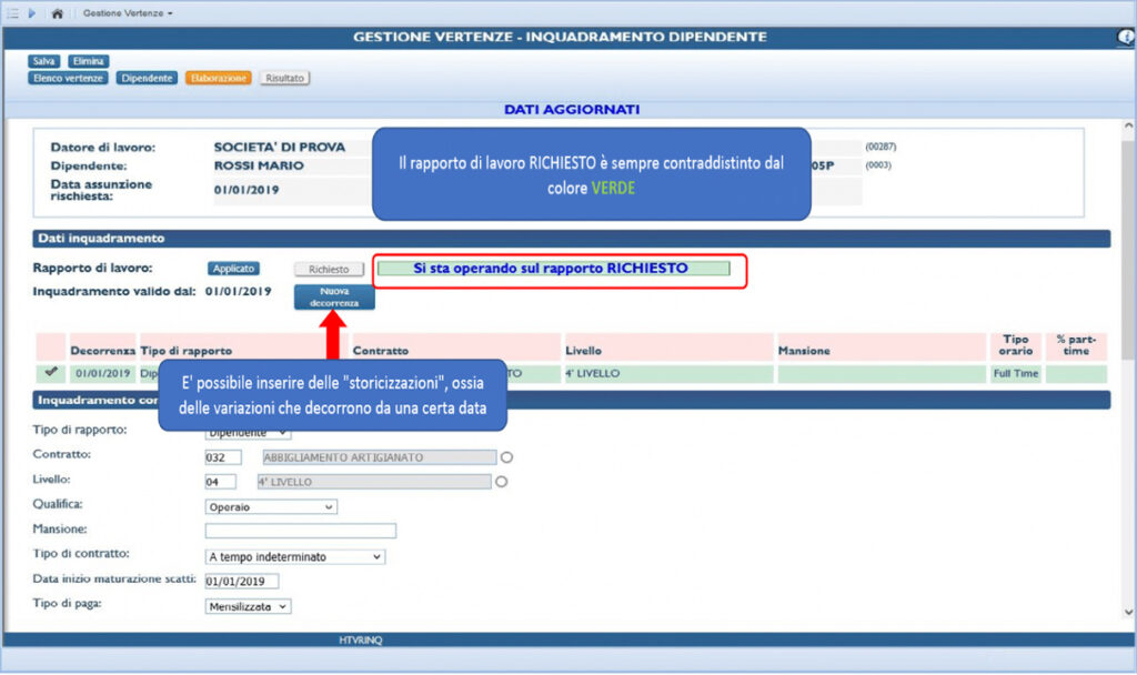 schermata gestione vertenze inquadramento dipendente