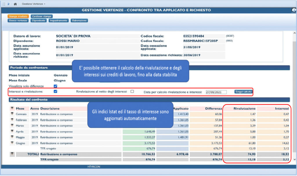 schermata gestione vertenze confronto tra applicato e richiesto